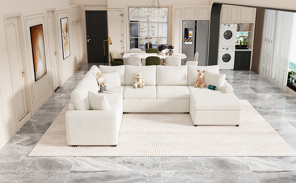Sectional Sofa Bed with Storage Ottoman and Pillows
