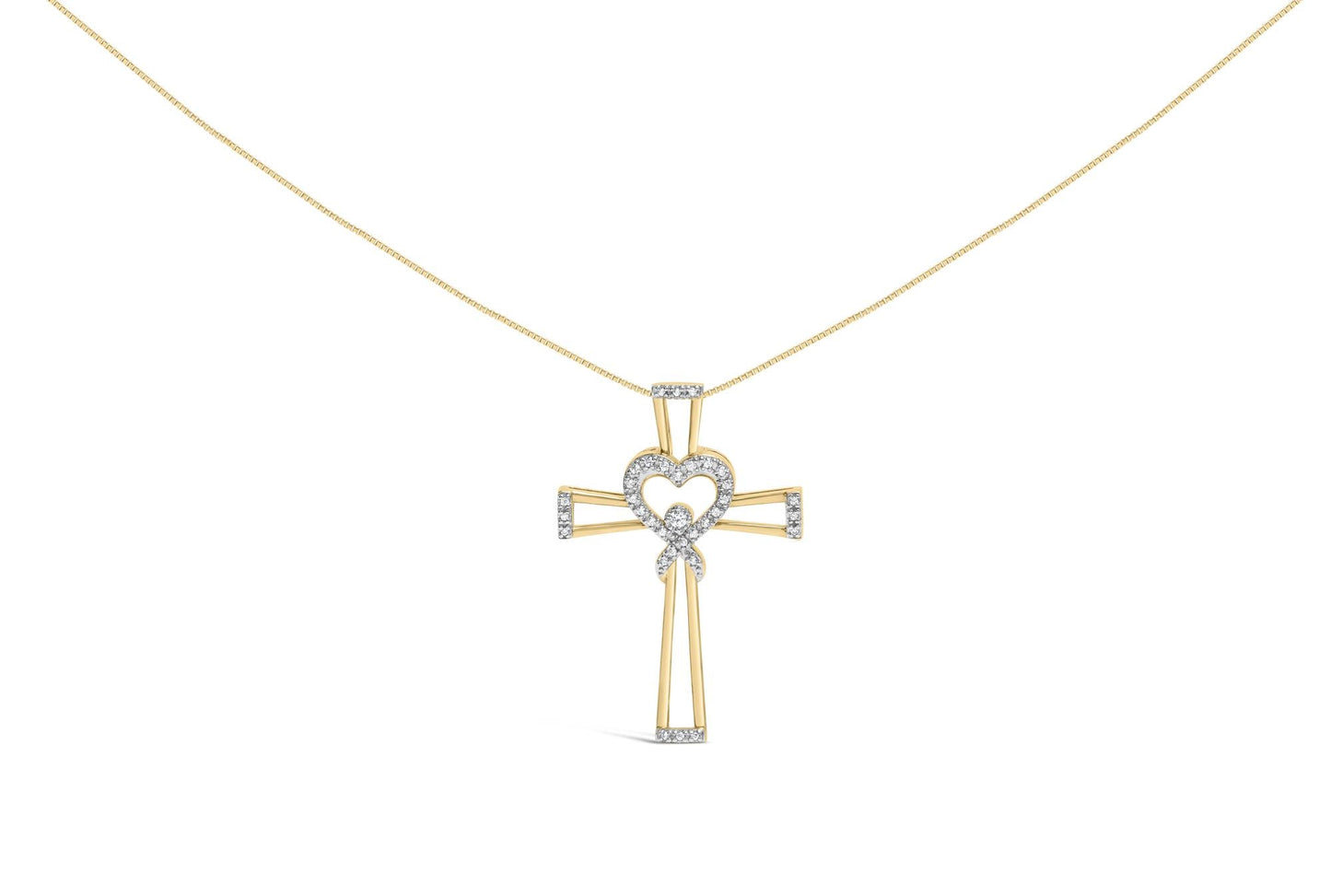 Sterling Silver Diamond Interlocking Heart & Ribbon Cross Necklace in 14K Yellow Gold