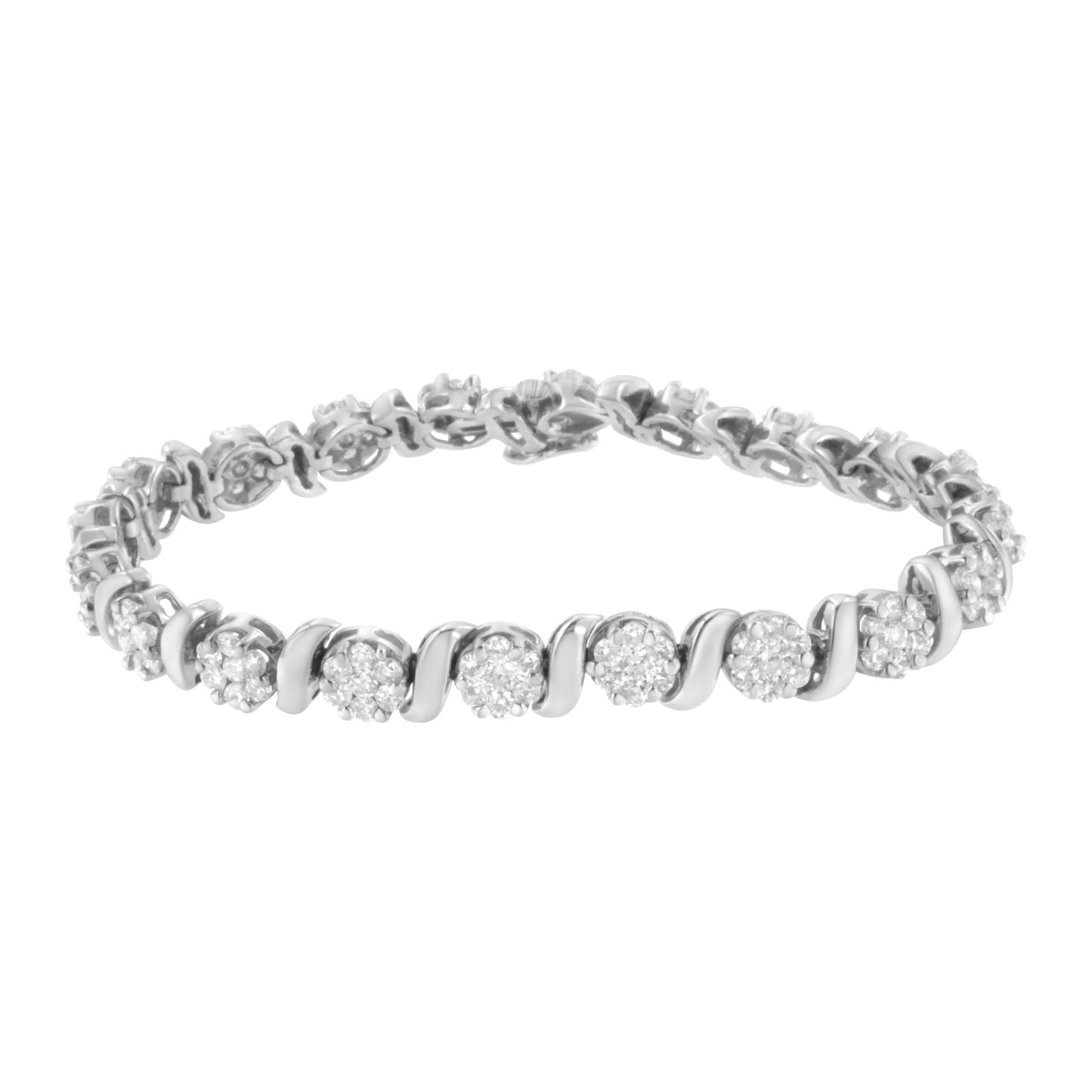 14K White Gold Diamond Floral Cluster Tennis Bracelet