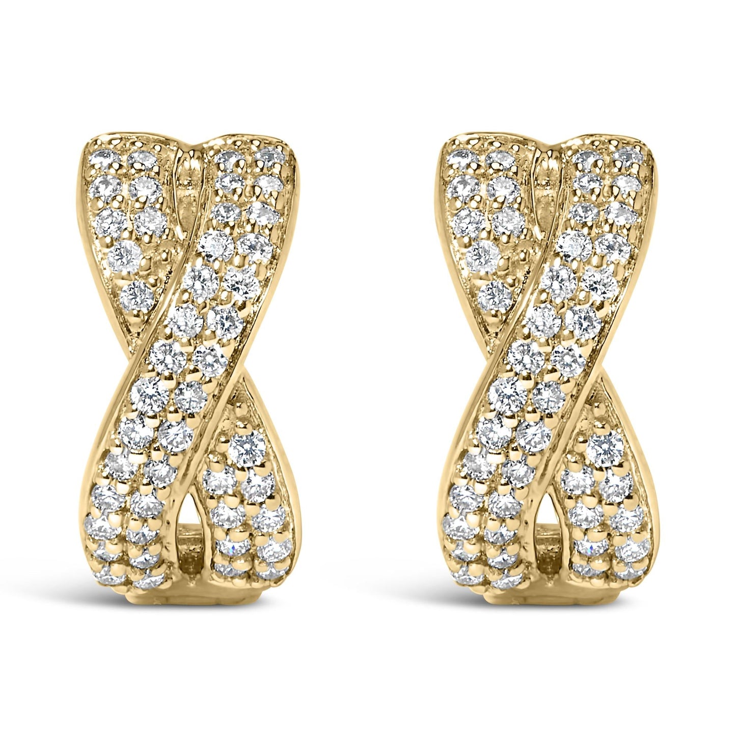 14K Yellow Gold Diamond Criss Cross Huggie Hoop Earrings