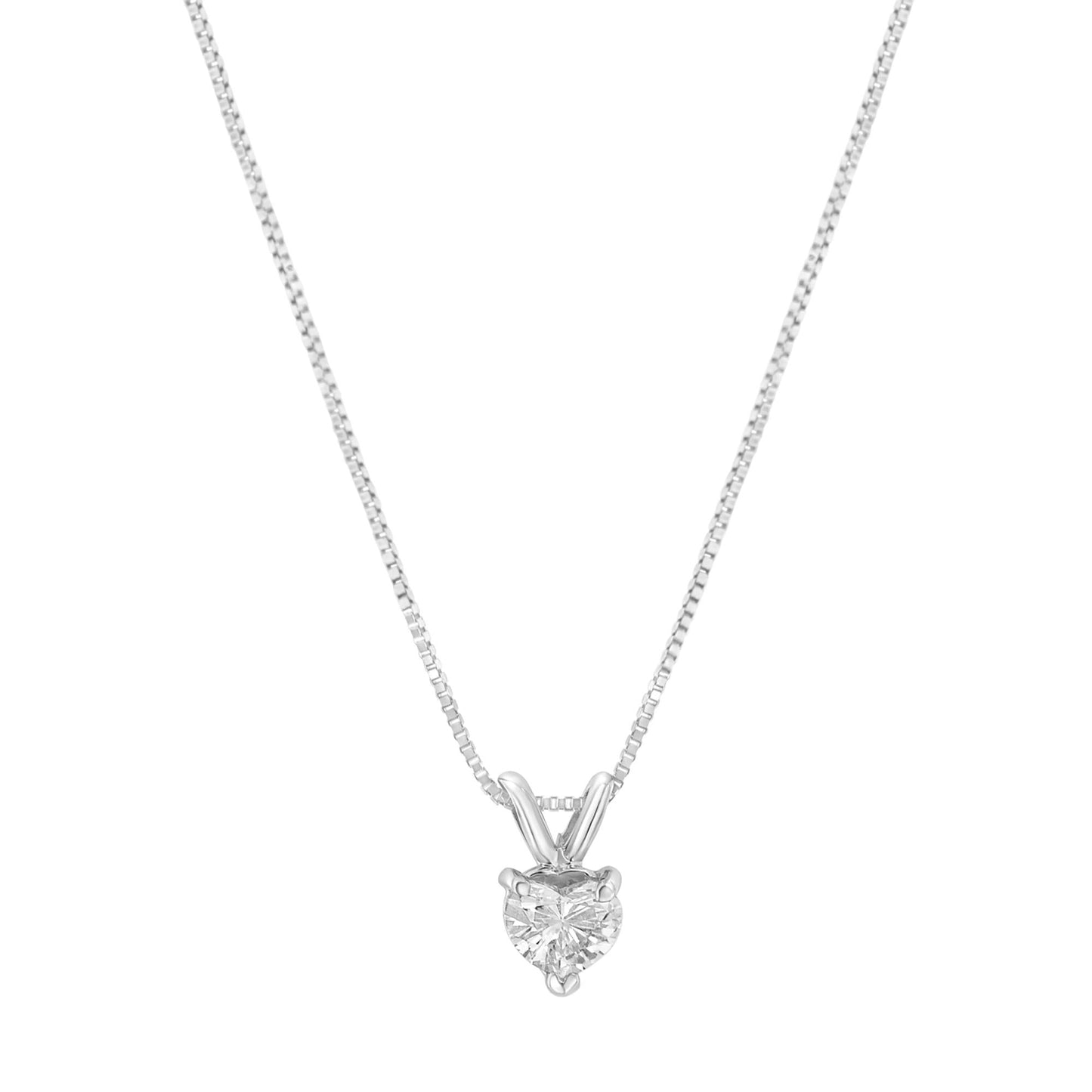 14K White Gold 3 Prong Set Heart Shaped Solitaire Diamond 18" Pendant Necklace