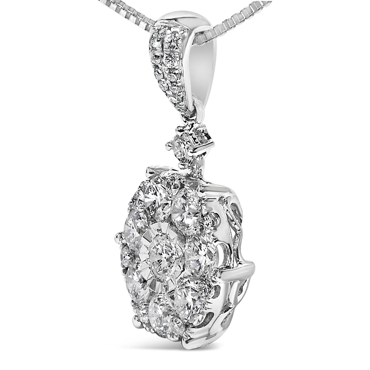 14K White Gold 1 1/5 Cttw Diamond Composite Cluster Pendant Necklace