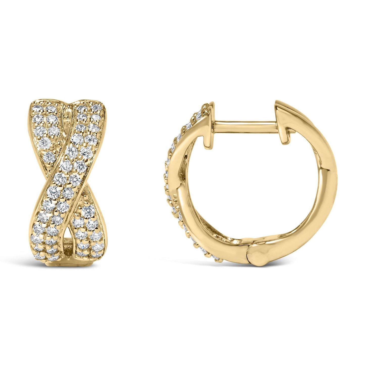 14K Yellow Gold Diamond Criss Cross Huggie Hoop Earrings