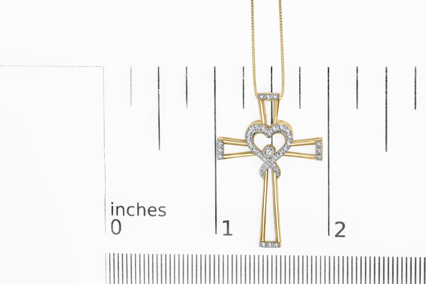 Sterling Silver Diamond Interlocking Heart & Ribbon Cross Necklace in 14K Yellow Gold