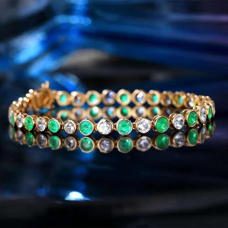 18K Yellow Gold Natural Emerald and White Sapphire Tennis Bracelet