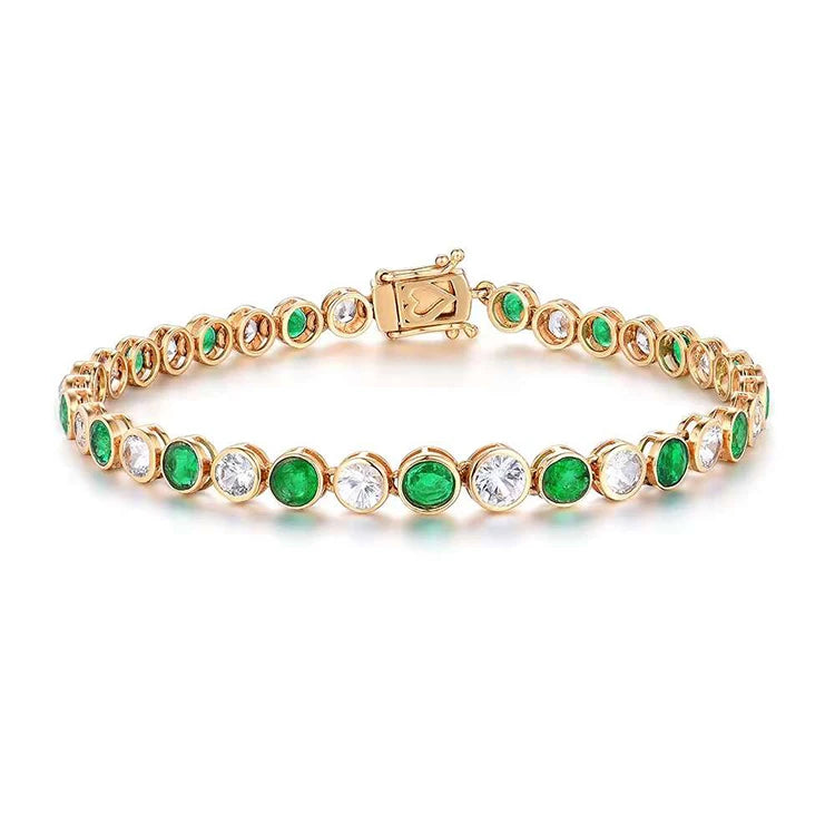 18K Yellow Gold Natural Emerald and White Sapphire Tennis Bracelet