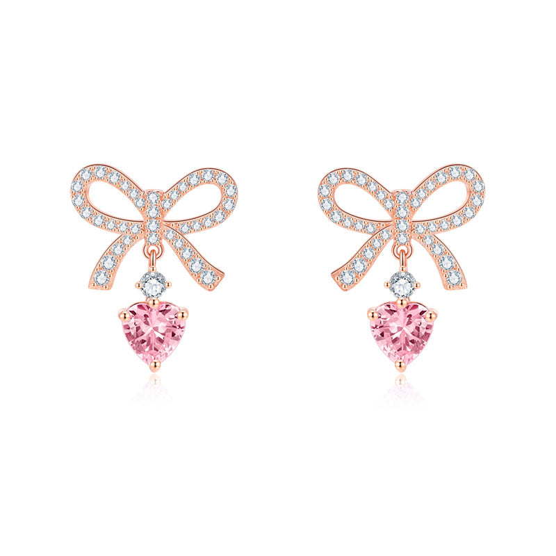 Pink Heart Earrings 925 Sterling Silver Butterfly Knot Stud Earrings