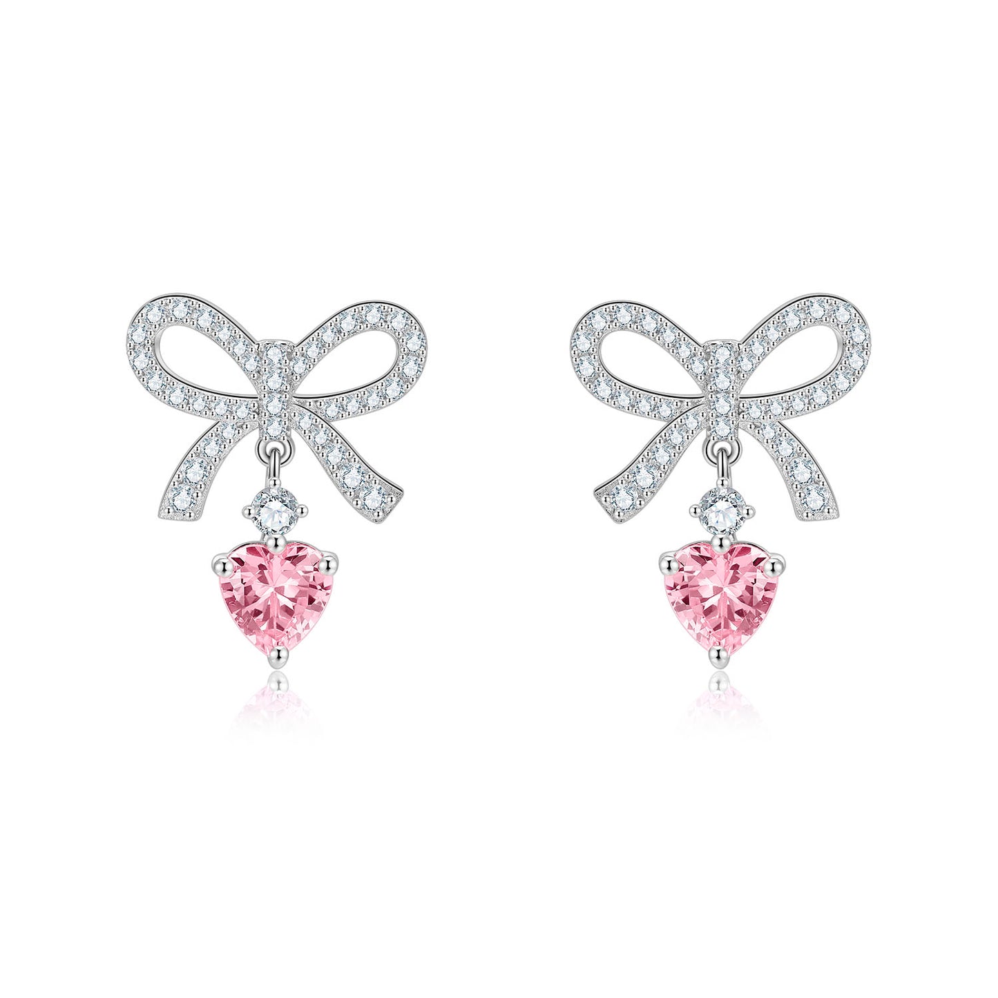 Pink Heart Earrings 925 Sterling Silver Butterfly Knot Stud Earrings