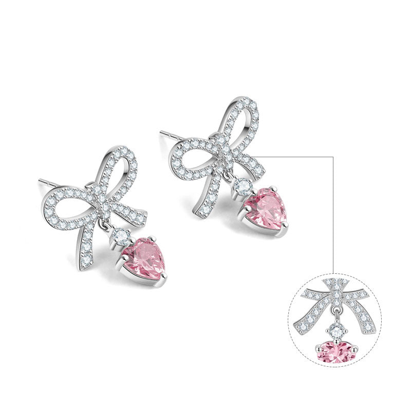 Pink Heart Earrings 925 Sterling Silver Butterfly Knot Stud Earrings