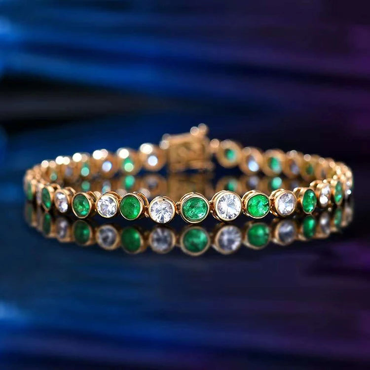 18K Yellow Gold Natural Emerald and White Sapphire Tennis Bracelet