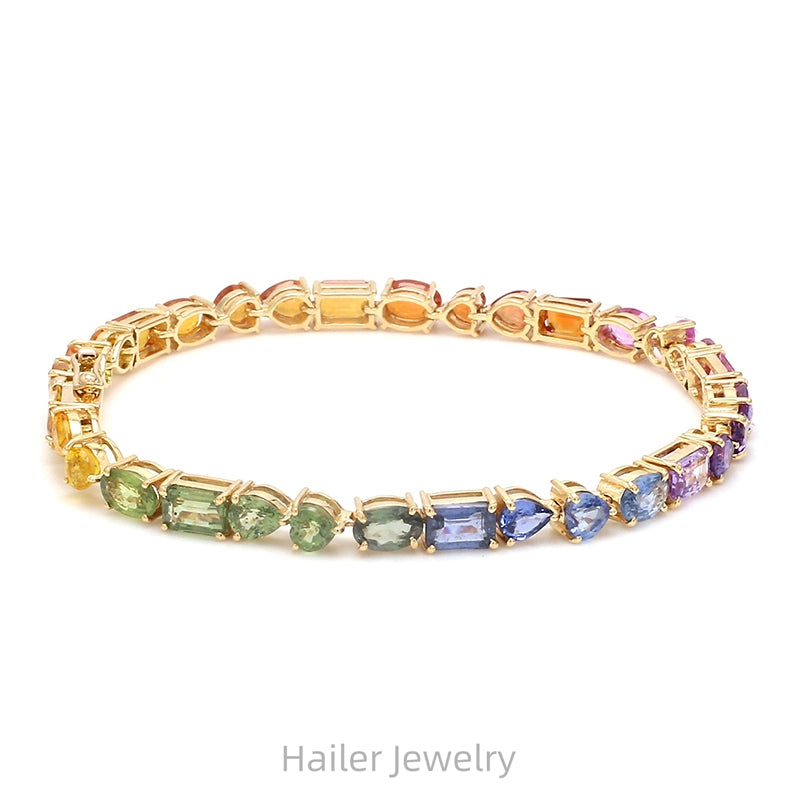 Solid Gold and Sterling Silver Rainbow Sapphire Bracelet for Women 10K+