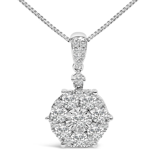 14K White Gold 1 1/5 Cttw Diamond Composite Cluster Pendant Necklace