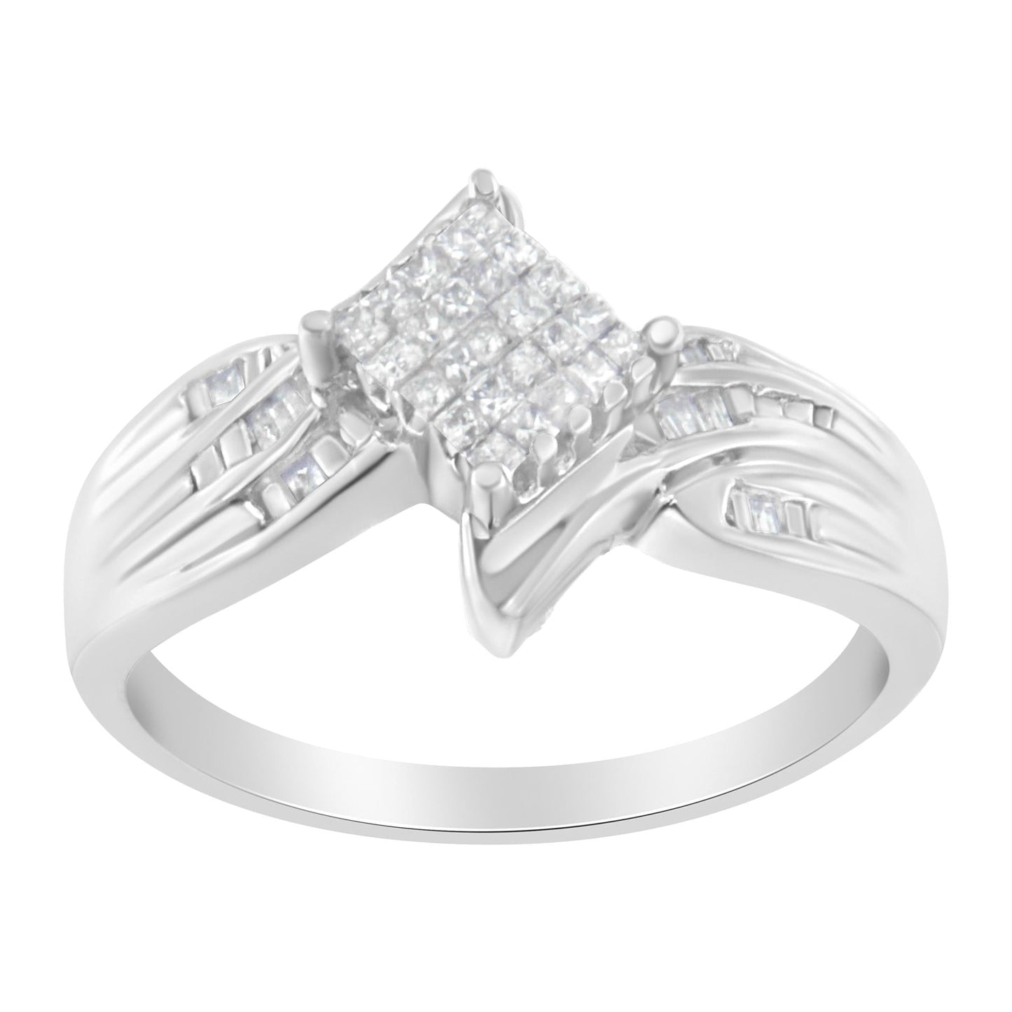10K White Gold Princess & Baguette Cut Diamond (1/3 Cttw, I-J Color, I1-I2)