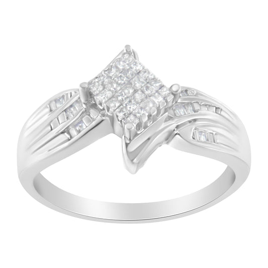 10K White Gold Princess & Baguette Cut Diamond (1/3 Cttw, I-J Color, I1-I2)