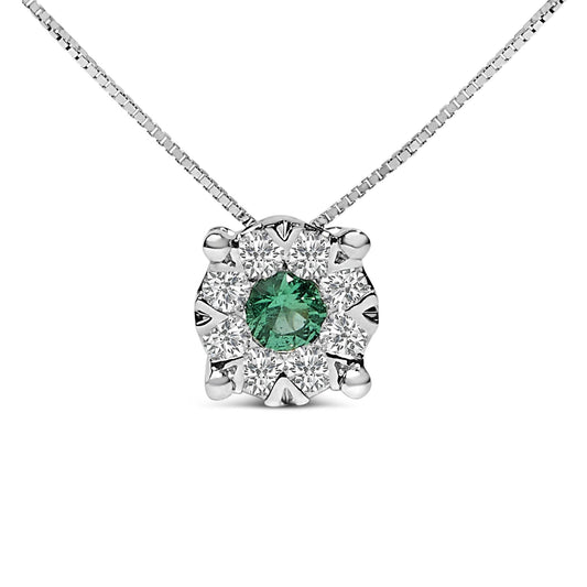 14K White Gold Green Emerald and Diamond Composite Halo Pendant Necklace