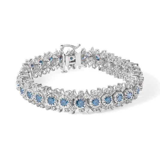 14K White Gold Blue and White Diamond Floral Cluster Link Bracelet