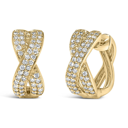 14K Yellow Gold Diamond Criss Cross Huggie Hoop Earrings