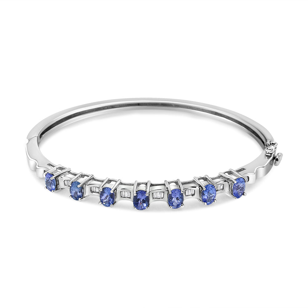 14K White Gold Oval Blue Tanzanite and Diamond Bangle (Fits Wrists Up to 7 1")