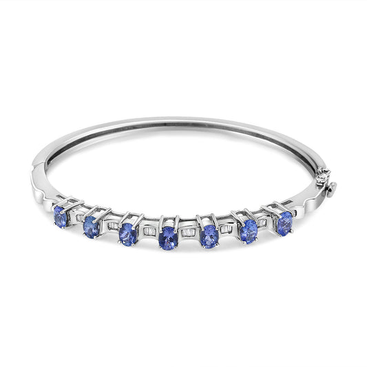 14K White Gold Oval Blue Tanzanite and Diamond Bangle (Fits Wrists Up to 7 1")