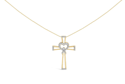 Sterling Silver Diamond Interlocking Heart & Ribbon Cross Necklace in 14K Yellow Gold