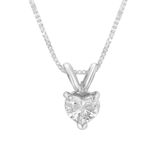 14K White Gold 3 Prong Set Heart Shaped Solitaire Diamond 18" Pendant Necklace