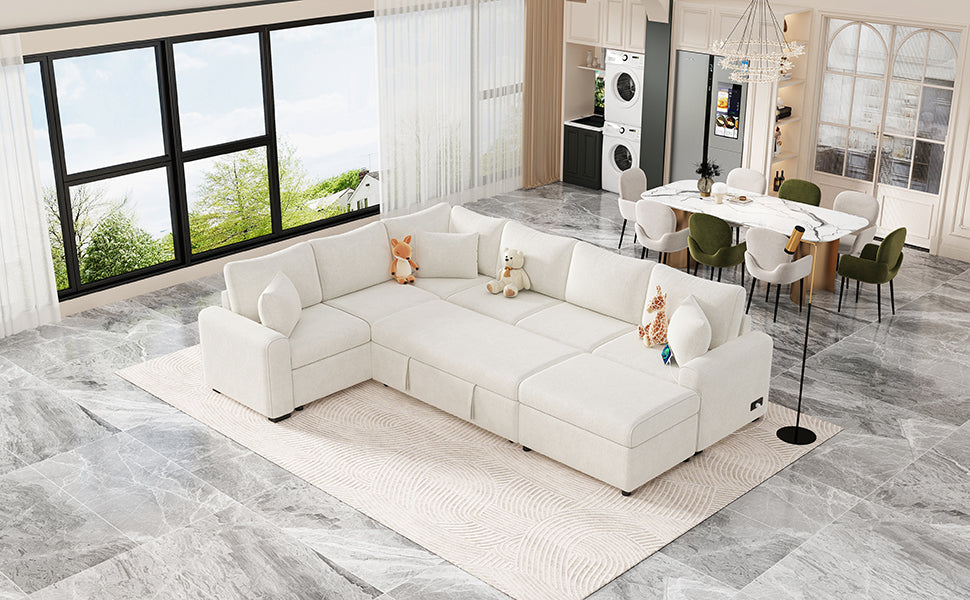 Sectional Sofa Bed with Storage Ottoman and Pillows