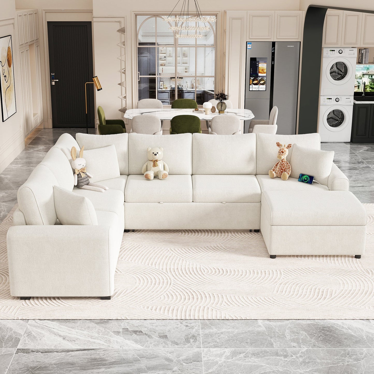 Sectional Sofa Bed with Storage Ottoman and Pillows