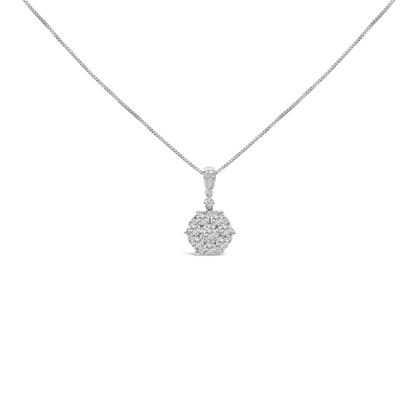 14K White Gold 1 1/5 Cttw Diamond Composite Cluster Pendant Necklace