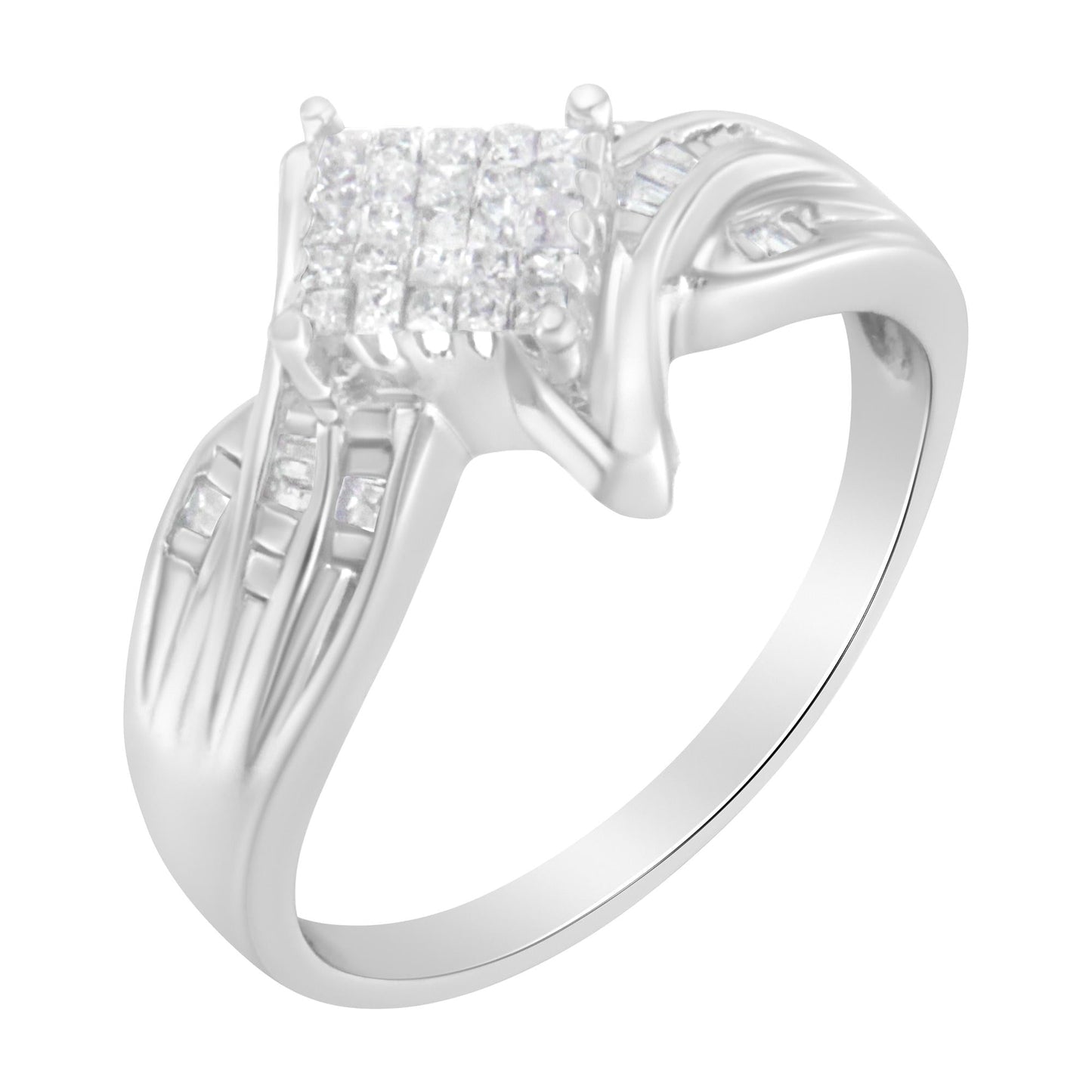 10K White Gold Princess & Baguette Cut Diamond (1/3 Cttw, I-J Color, I1-I2)