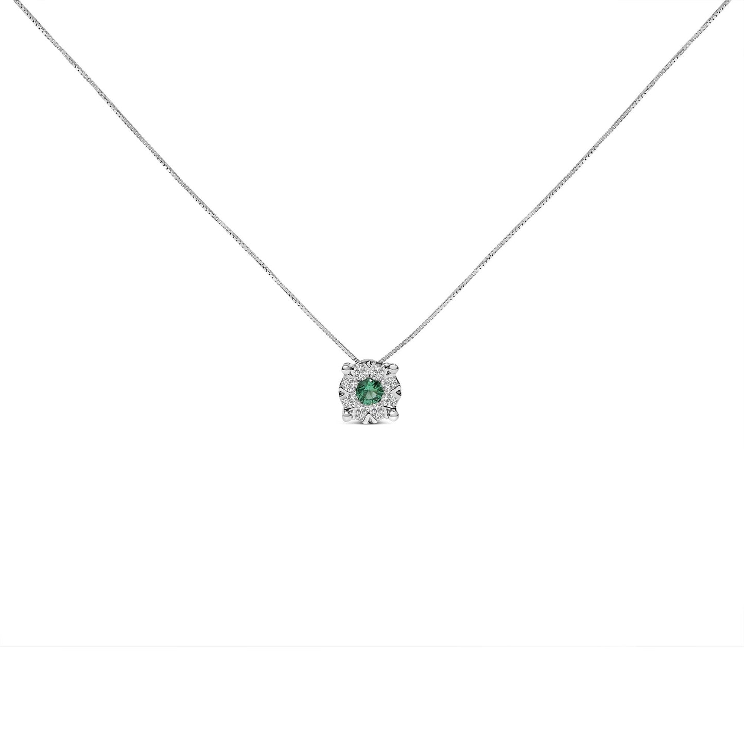 14K White Gold Green Emerald and Diamond Composite Halo Pendant Necklace