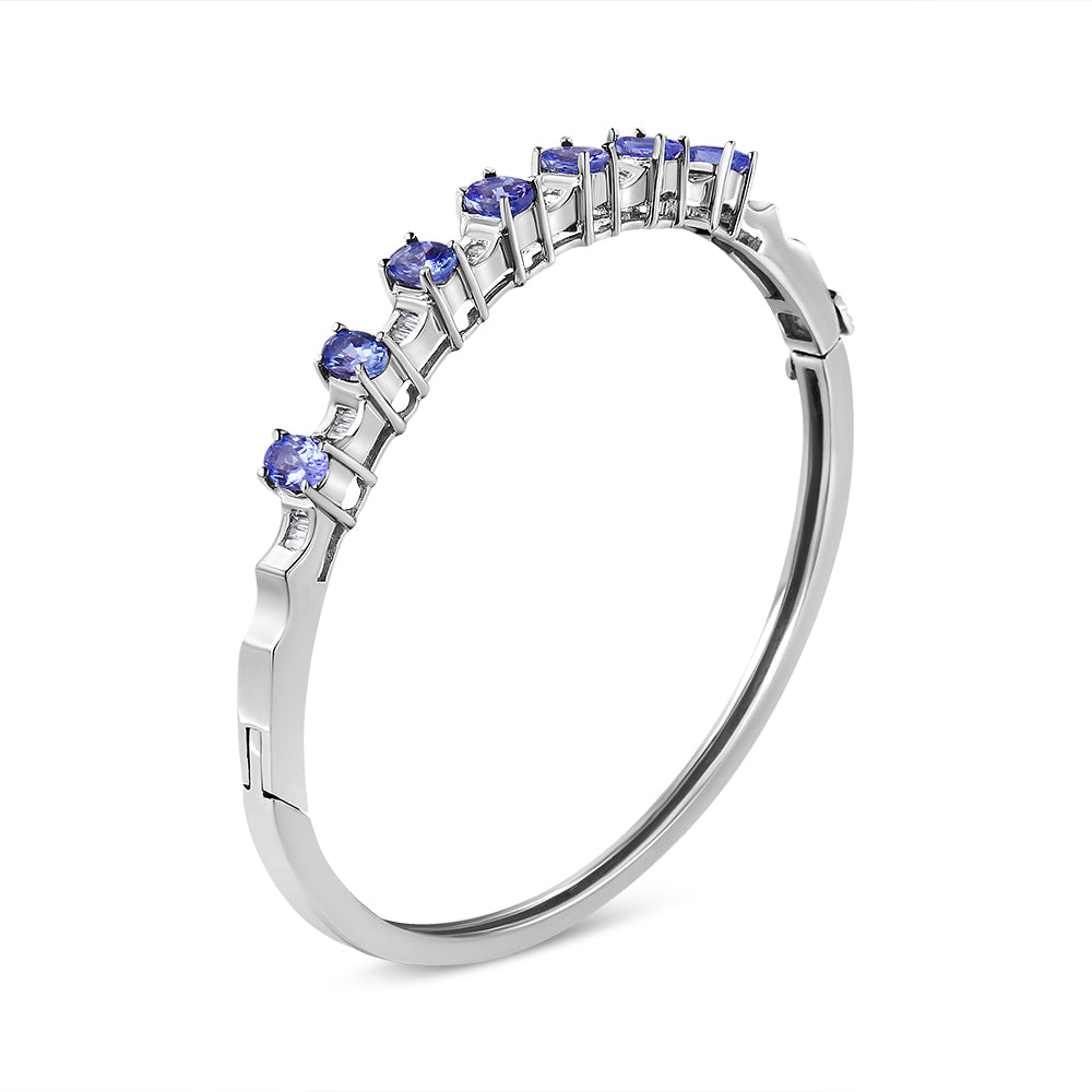 14K White Gold Oval Blue Tanzanite and Diamond Bangle (Fits Wrists Up to 7 1")