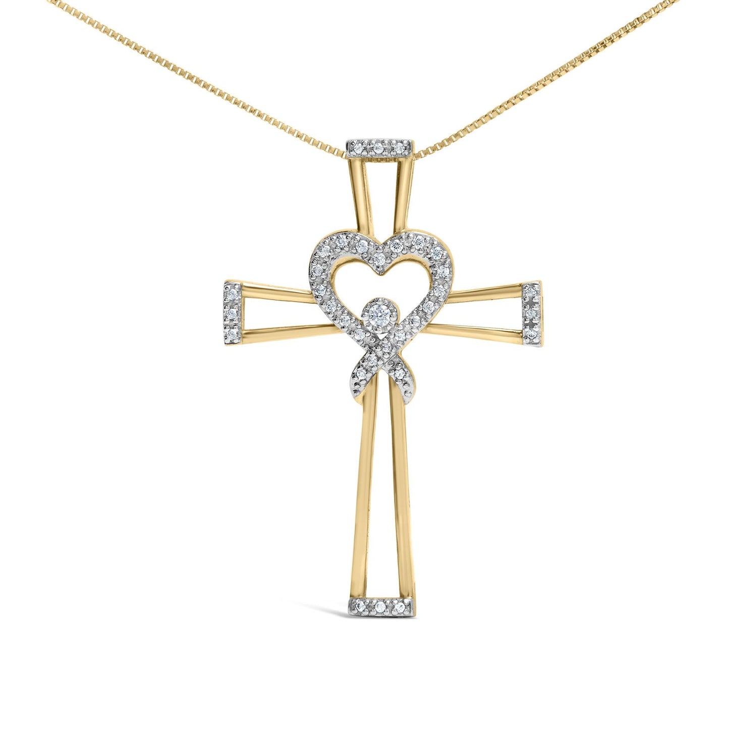 Sterling Silver Diamond Interlocking Heart & Ribbon Cross Necklace in 14K Yellow Gold