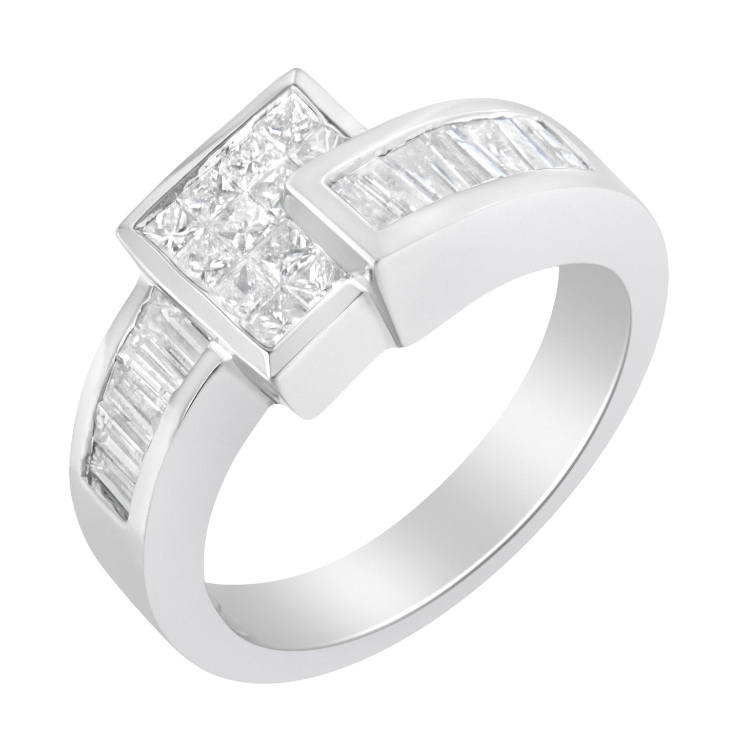 14K White Gold Princess and Baguette-Cut Diamond Ring (1 1/3 Cttw)
