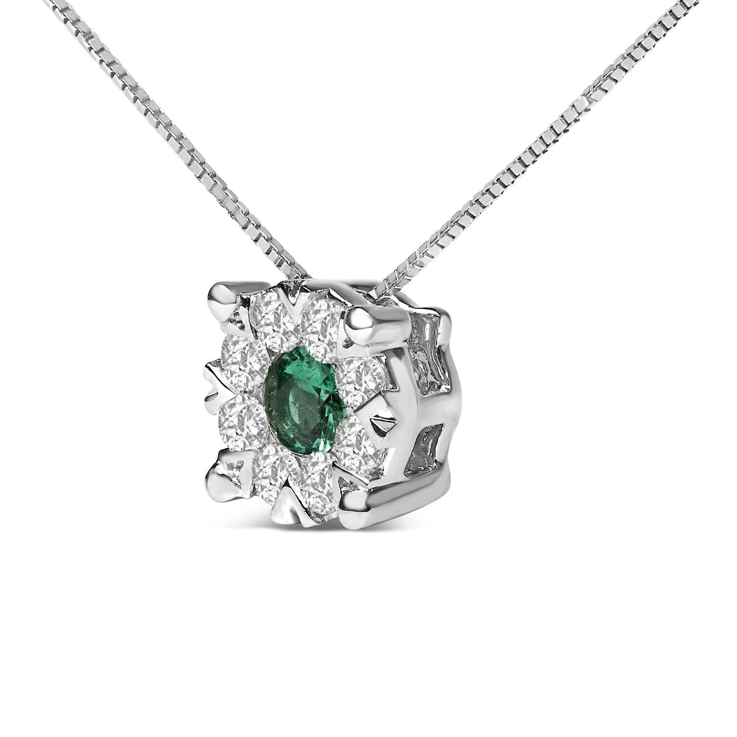 14K White Gold Green Emerald and Diamond Composite Halo Pendant Necklace