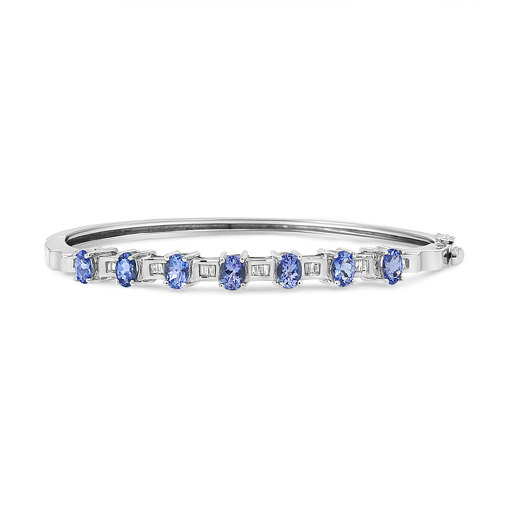 14K White Gold Oval Blue Tanzanite and Diamond Bangle (Fits Wrists Up to 7 1")