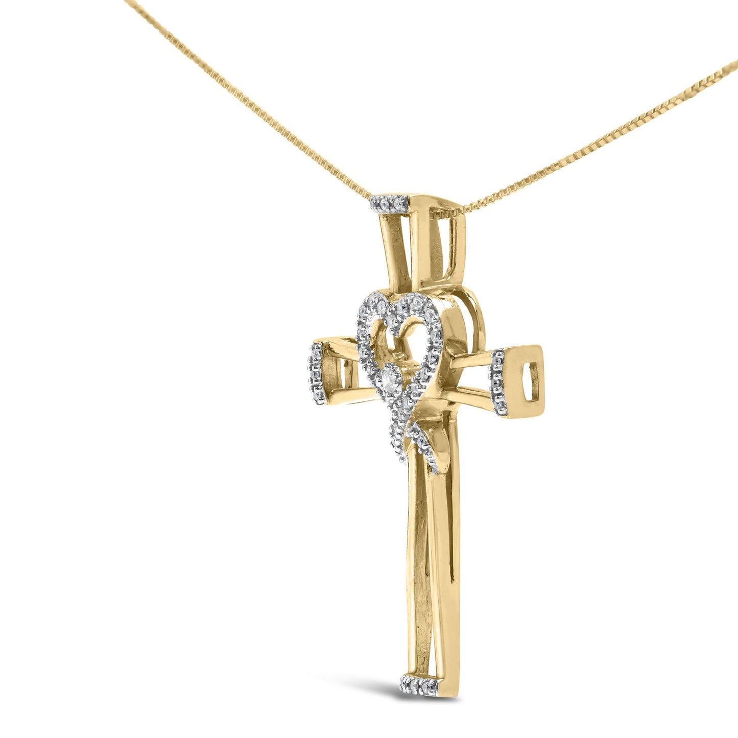 Sterling Silver Diamond Interlocking Heart & Ribbon Cross Necklace in 14K Yellow Gold