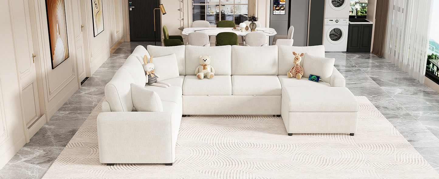 Sectional Sofa Bed with Storage Ottoman and Pillows
