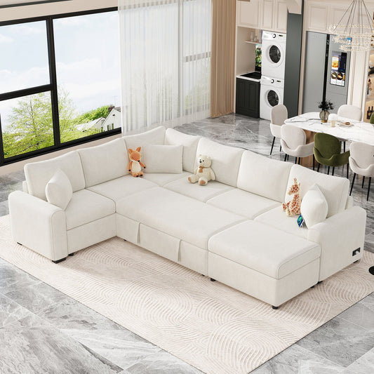 Sectional Sofa Bed with Storage Ottoman and Pillows