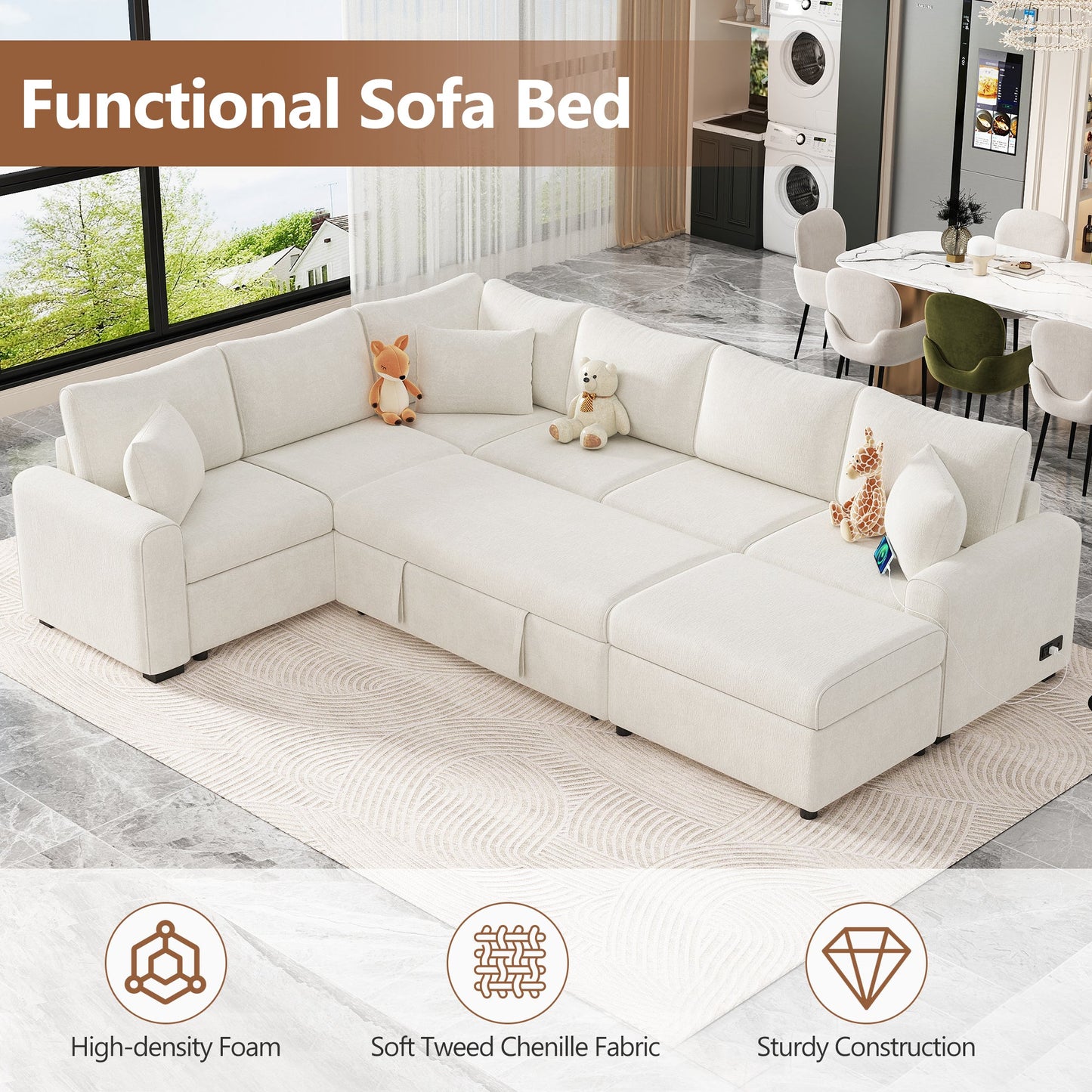 Sectional Sofa Bed with Storage Ottoman and Pillows
