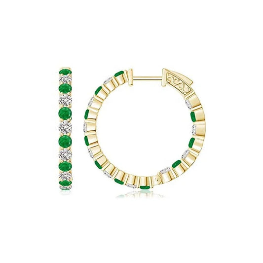 Emerald and Diamond 14K White Gold Hoop Earrings