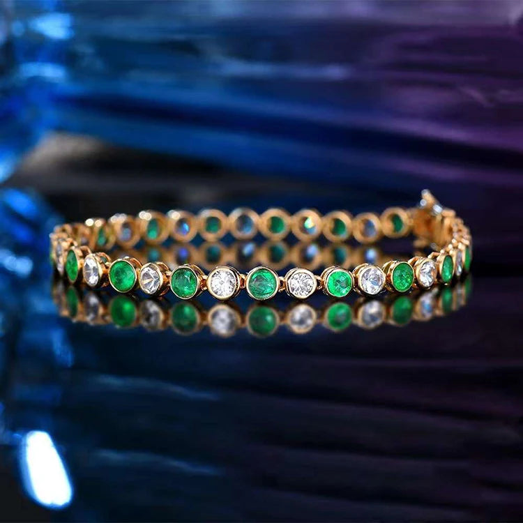 18K Yellow Gold Natural Emerald and White Sapphire Tennis Bracelet