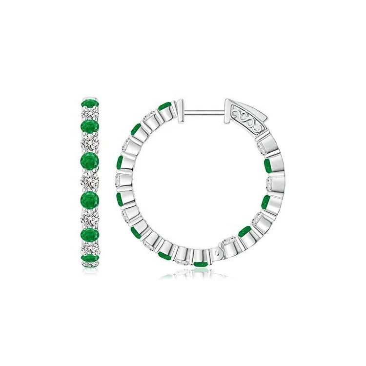 Emerald and Diamond 14K White Gold Hoop Earrings