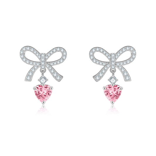 Pink Heart Earrings 925 Sterling Silver Butterfly Knot Stud Earrings