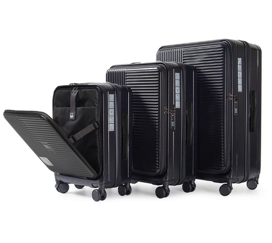 Black Lightweight 3-Piece Luggage Set with Spinner Wheels and Two Hooks.