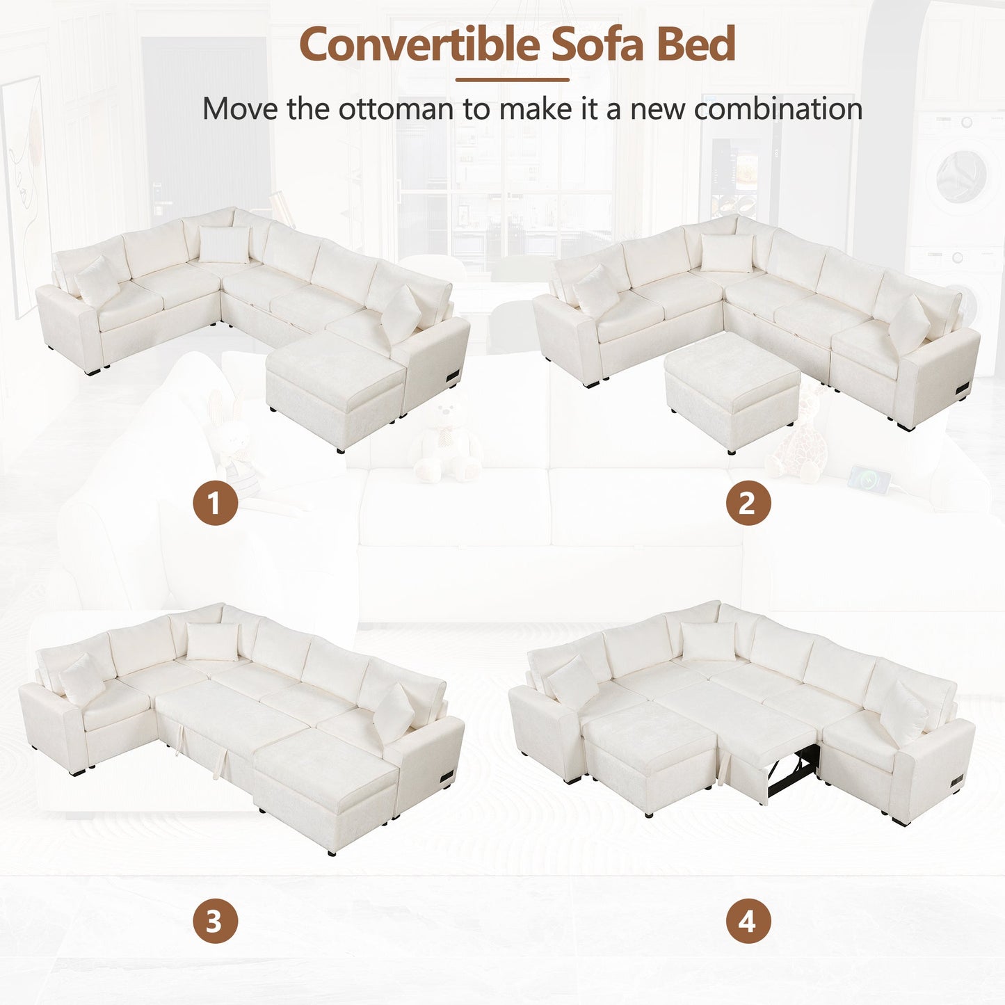 Sectional Sofa Bed with Storage Ottoman and Pillows
