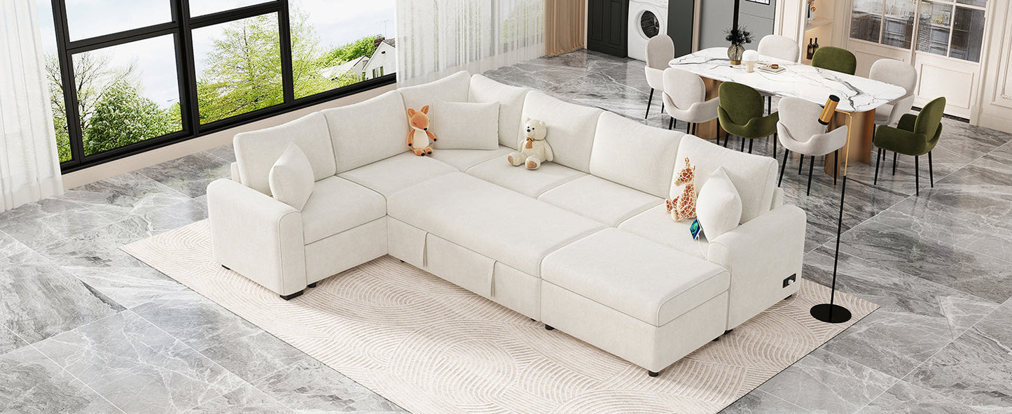 Sectional Sofa Bed with Storage Ottoman and Pillows