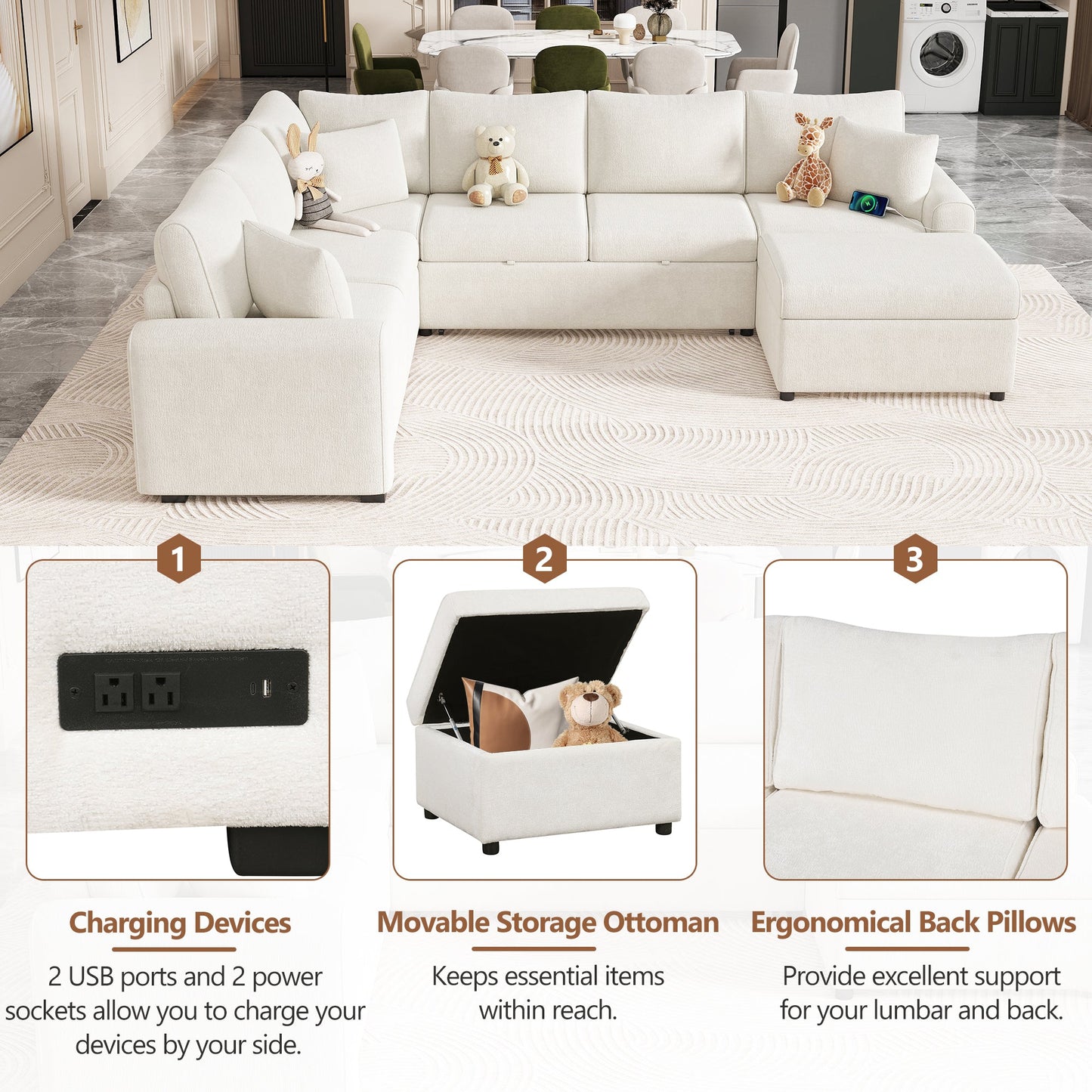 Sectional Sofa Bed with Storage Ottoman and Pillows